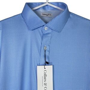 Collars & Co Polo Shirt Mens M Blue Houndstooth Long Sleeve Quattro Flex NWT